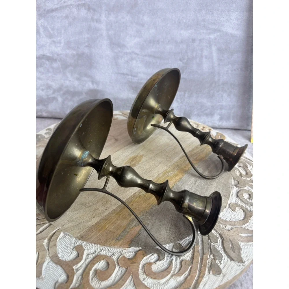 Vintage‎ Solid Brass Chamberstick Candle Holders Pair Finger Loop Handle 7 Inch